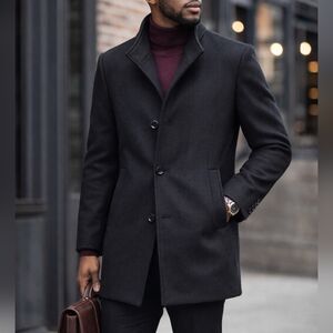 Men’s Jet Black Wool Blend Car Coat Tailored Classic Minimalist Jacket Size Med